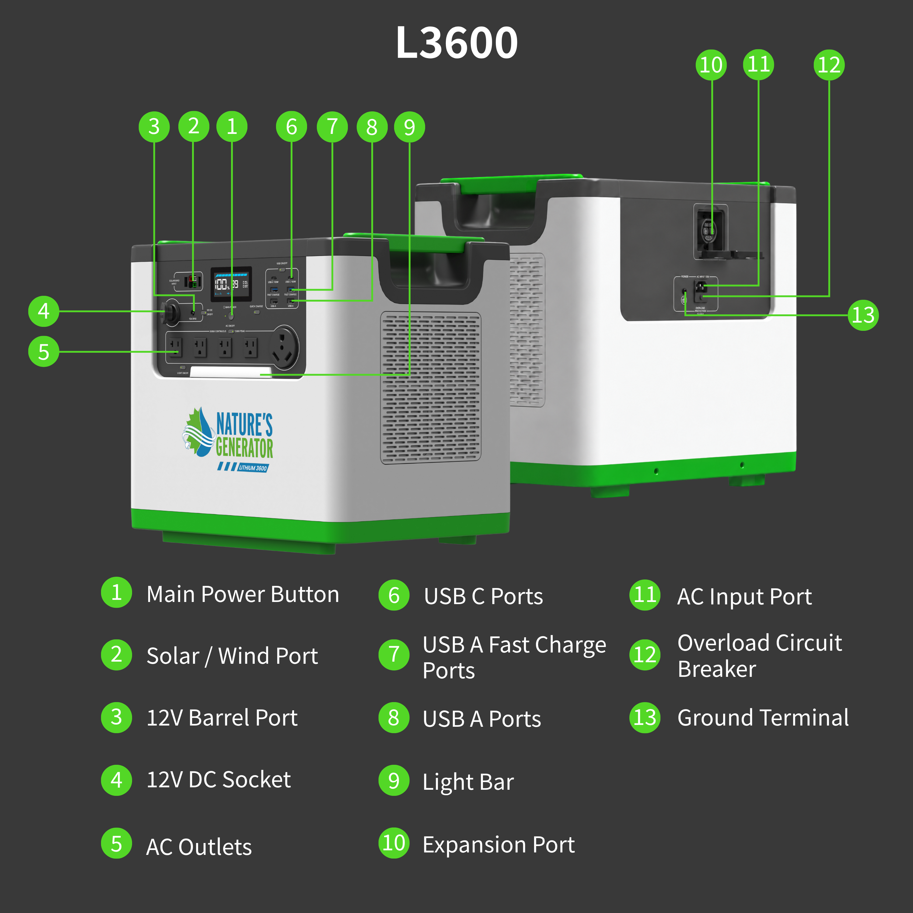 Nature's Generator L3600 controls ports and feature details