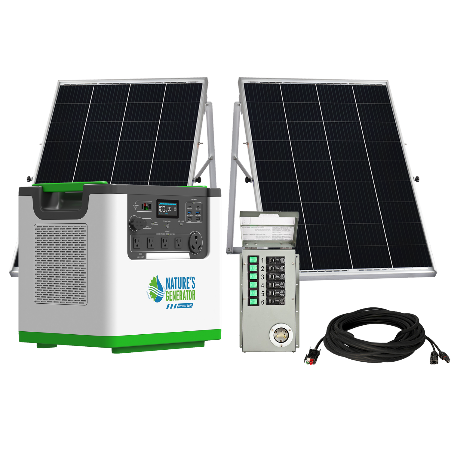 Nature's Generator L3600 home power backup with solar panels and transfer switch