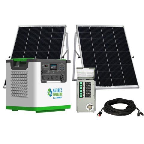 Image of Nature's Generator L3600 home power backup with solar panels and transfer switch