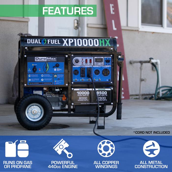 DuroMax XP10000HX 10,000-Watt 439cc Dual Fuel Gas Propane Portable Generator with CO Alert