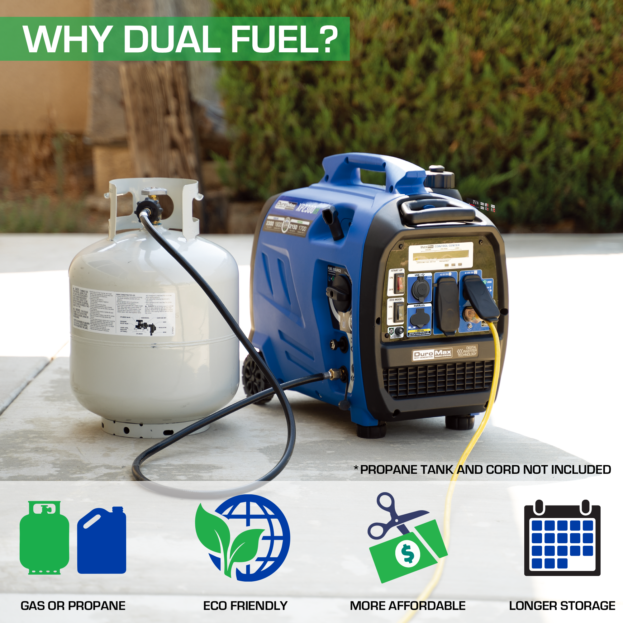 DuroMax XP2300iH 2300-Watt 80cc Dual Fuel Digital Inverter Hybrid Portable Generator with CO Alert