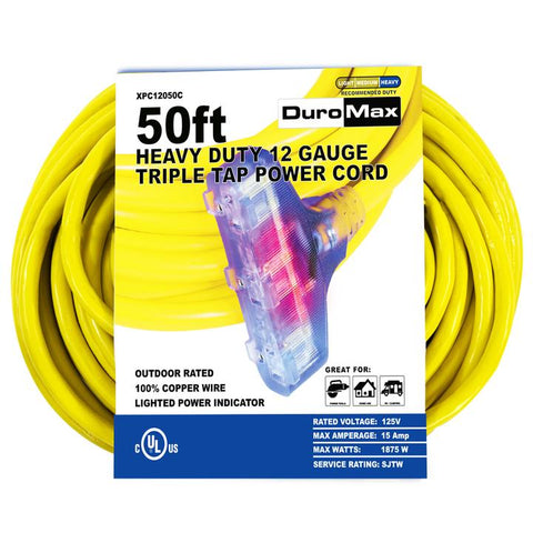 Image of DuroMax XPC12050C 50-Foot 12 Gauge Triple Tap Extension Power Cord